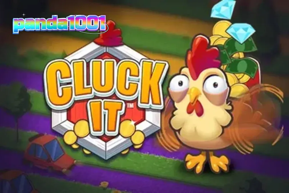 Karakter ayam lucu dalam permainan Cluck It dengan latar belakang peternakan yang cerah.